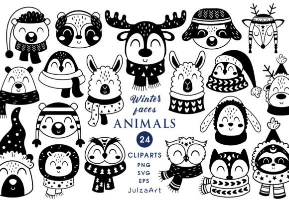 Black Winter Animal Faces Clipart: Your Cozy Design Toolkit