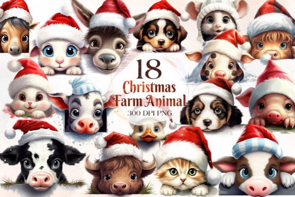 Christmas Farm Animal Peeking Clipart: 18 Charming PNGs