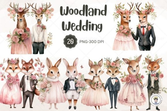 Couple Woodland Animal Wedding Clipart for Creative Projects
