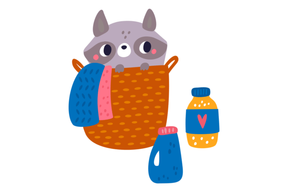 Cute Raccoon in Basket: A Playful Laundry Animal Mascot