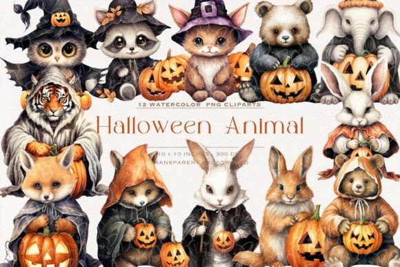 Whimsical Halloween Animal Watercolor Clipart for Creative Projects